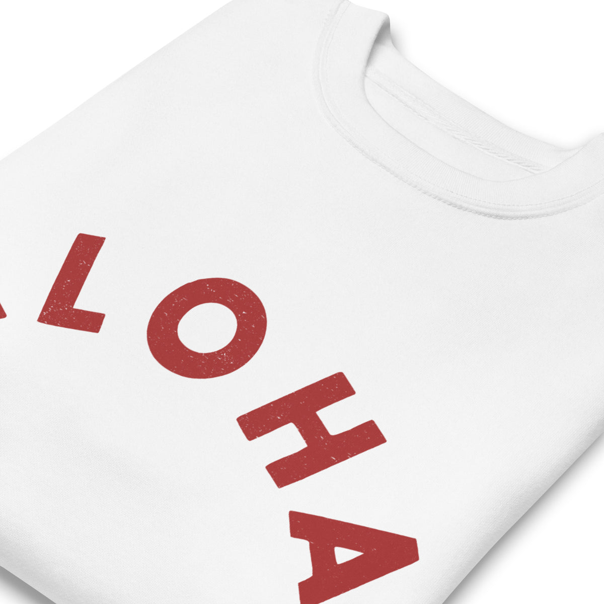 "Aloha" in clean vintage Hawaiian lettering, printed on a SodaPop Cool crew sweatshirt.