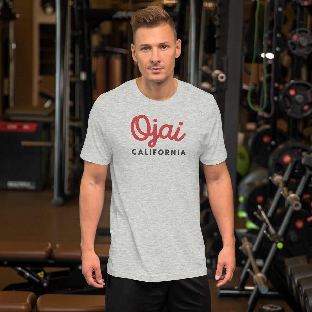 "Ojai California" in classic vintage lettering, printed on a SodaPop Cool t-shirt.