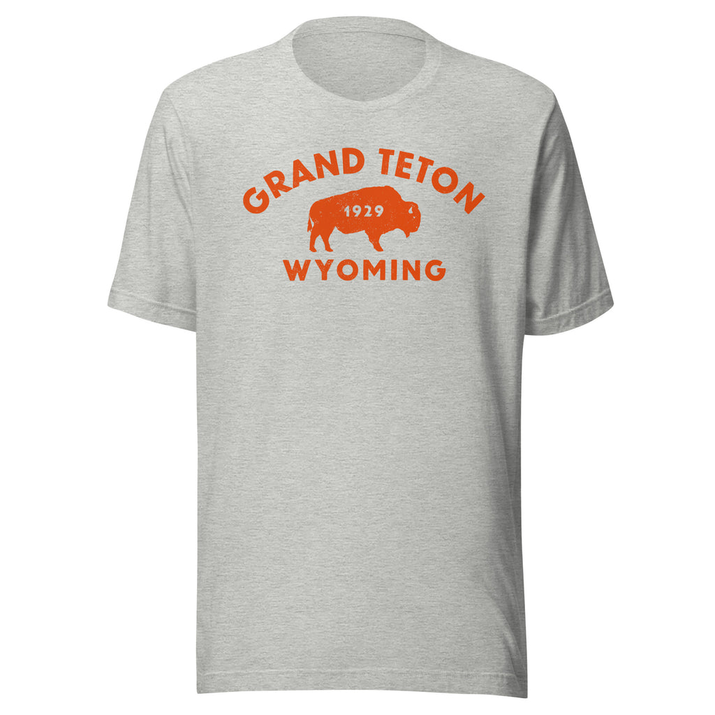 Bison in front of Grand Teton rock formations, vintage national park poster styling, printed on a SodaPop Cool t-shirt.