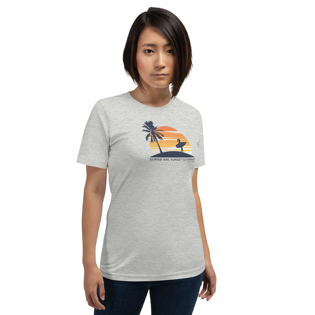 Surfer Girl Sunset Clothing vintage graphic, printed on a SodaPop Cool t-shirt.