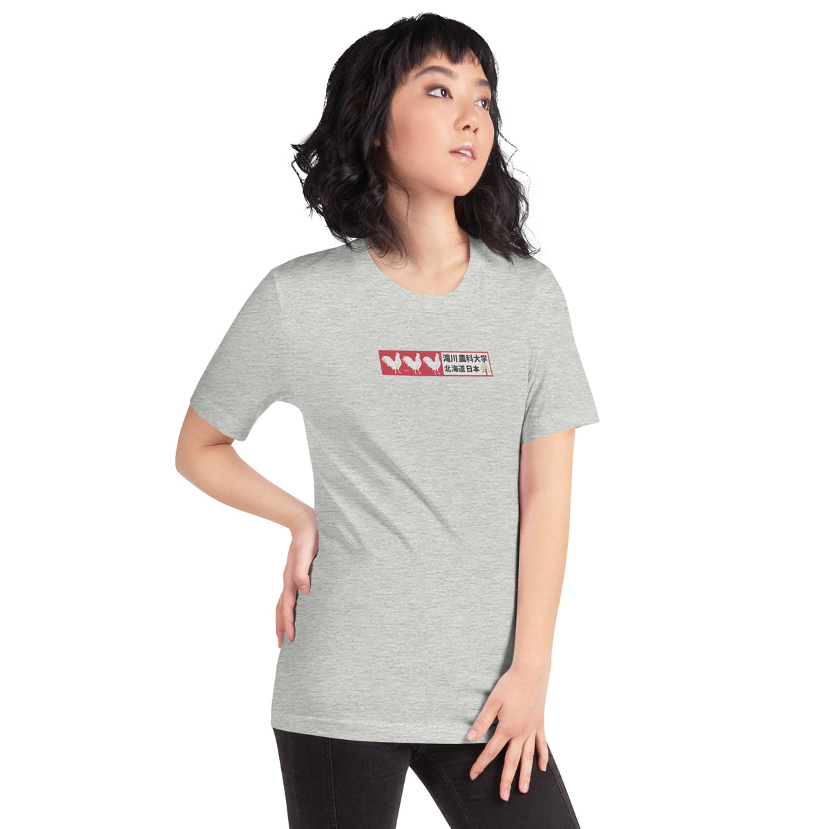 Three 3 Roosters Tree Farm Japan vintage graphic, printed on a SodaPop Cool t-shirt.