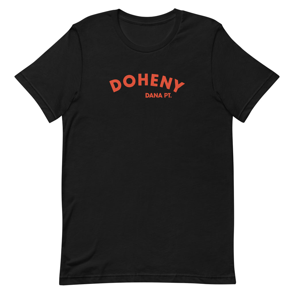 "Doheny Dana Point" in vintage California surf lettering, printed on a SodaPop Cool t-shirt.
