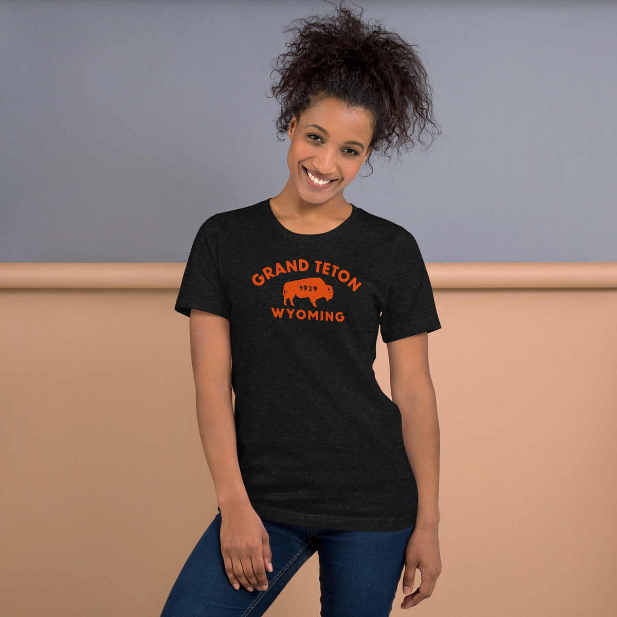 Bison in front of Grand Teton rock formations, vintage national park poster styling, printed on a SodaPop Cool t-shirt.