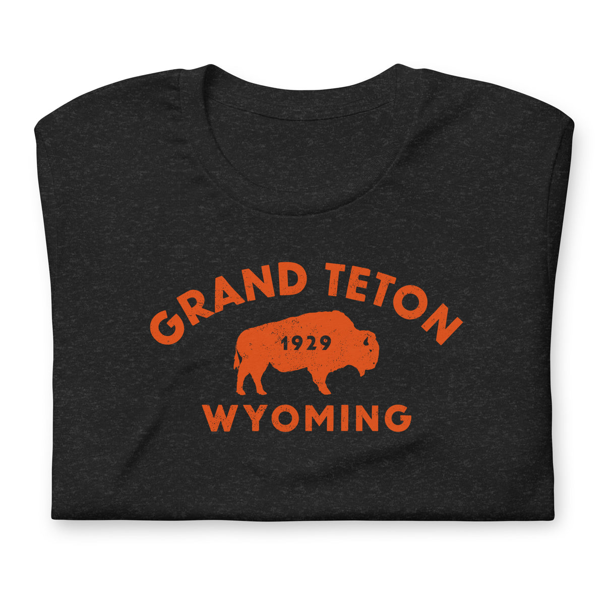 Bison in front of Grand Teton rock formations, vintage national park poster styling, printed on a SodaPop Cool t-shirt.