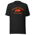 Bison in front of Grand Teton rock formations, vintage national park poster styling, printed on a SodaPop Cool t-shirt.