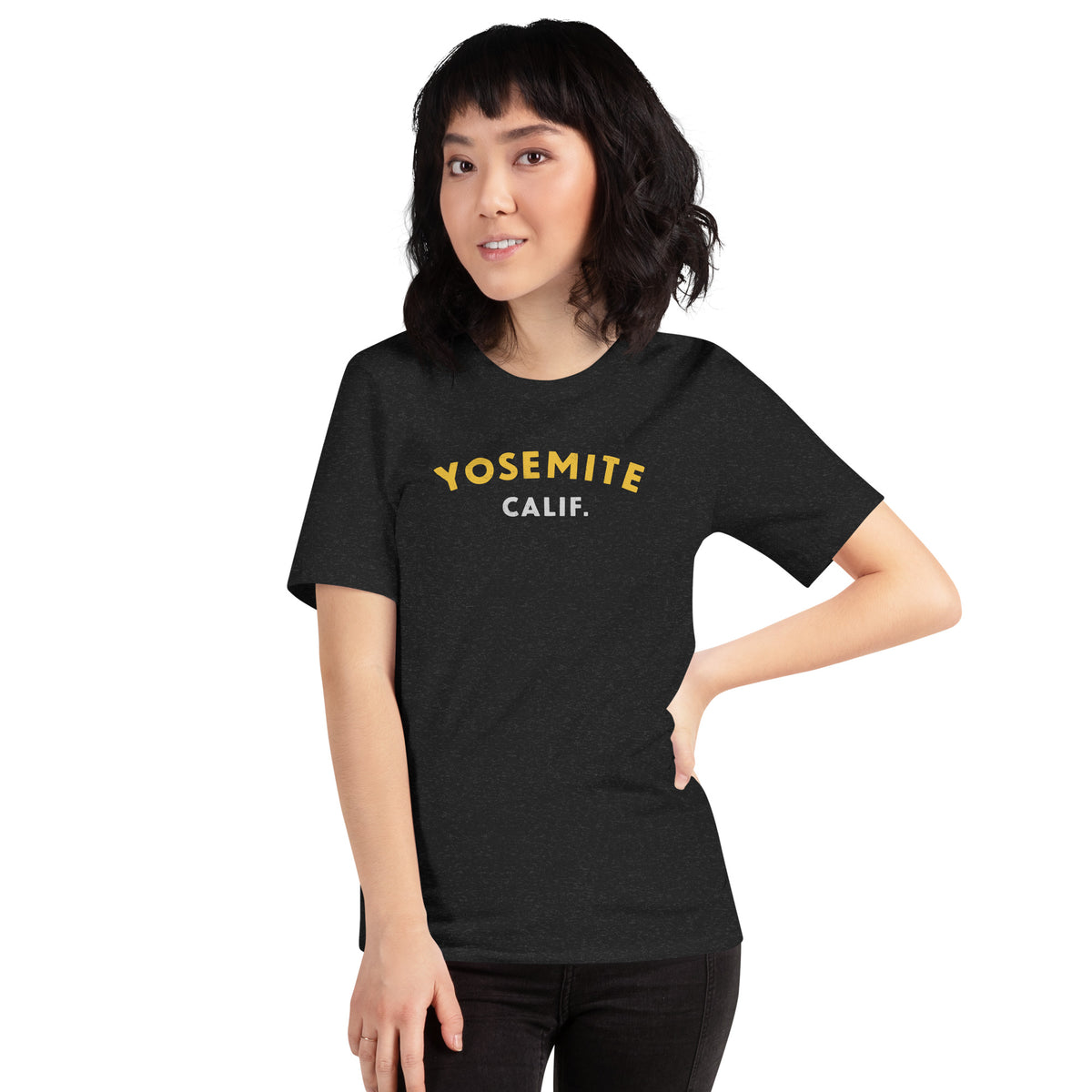 "Yosemite National Park" in vintage park-service lettering, printed on a SodaPop Cool t-shirt.