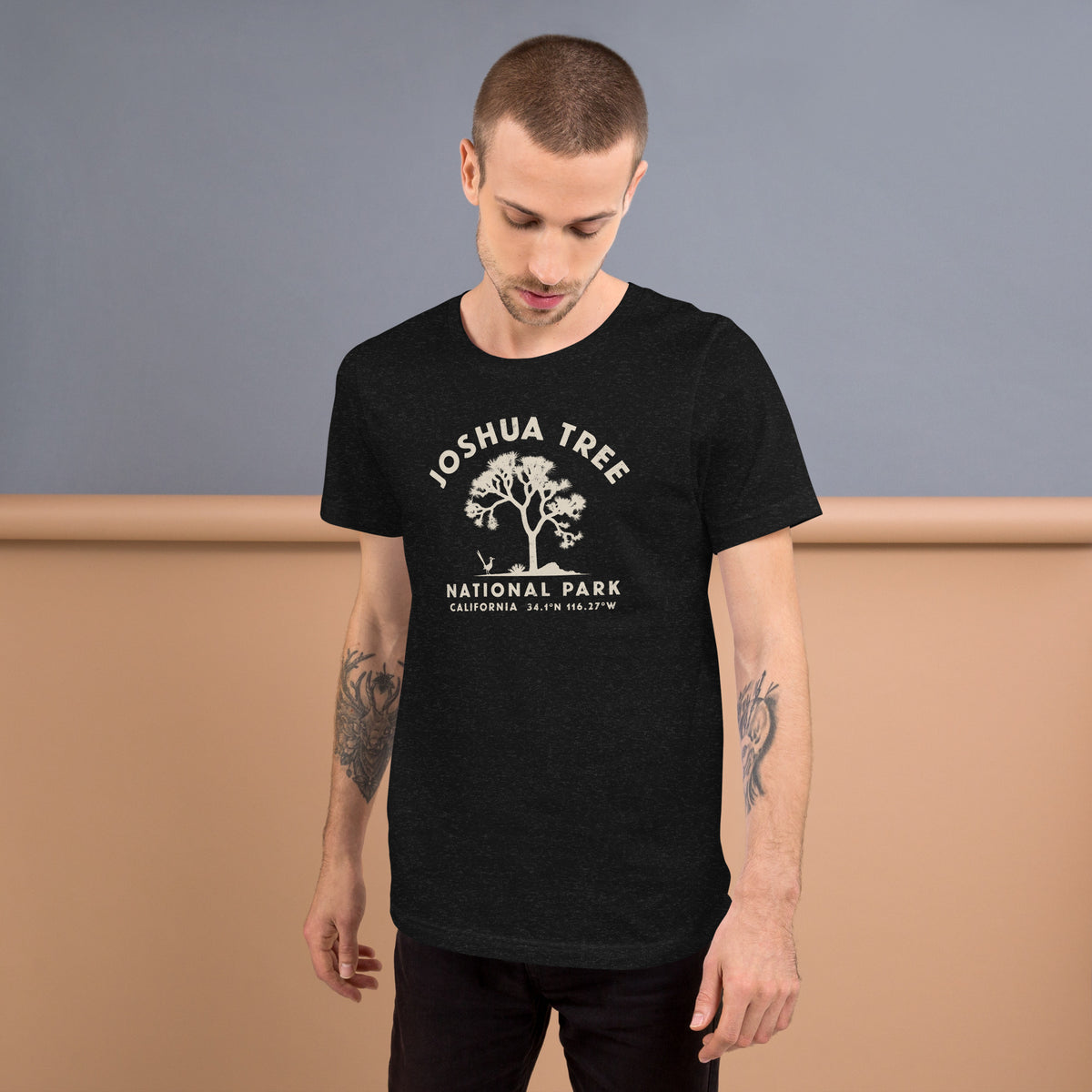 Joshua tree and a desert bird in classic national park styling, printed on a SodaPop Cool t-shirt.