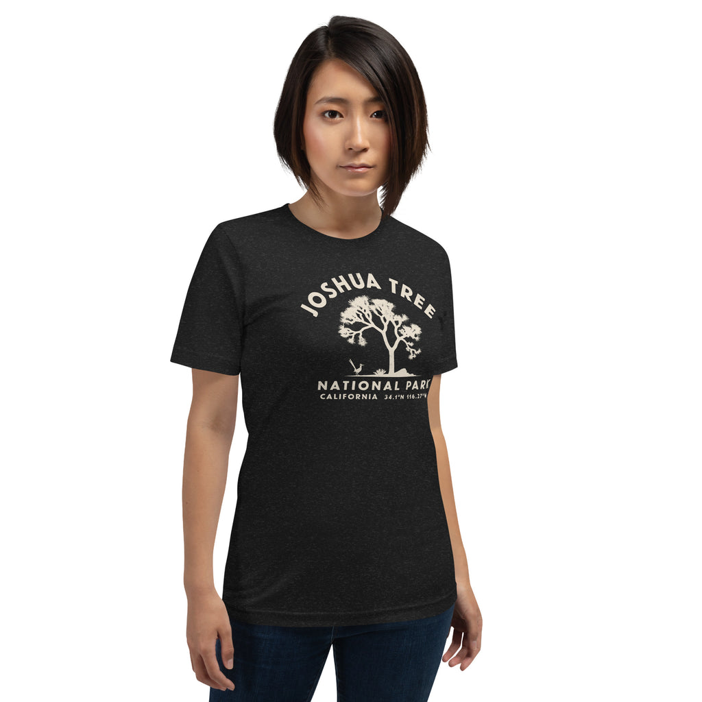 Joshua tree and a desert bird in classic national park styling, printed on a SodaPop Cool t-shirt.