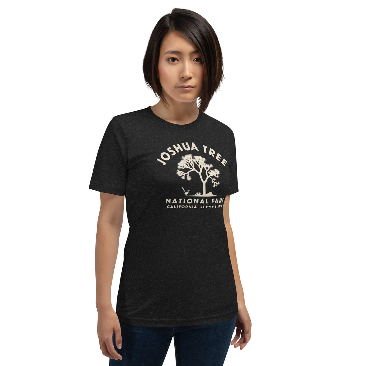Joshua tree and a desert bird in classic national park styling, printed on a SodaPop Cool t-shirt.