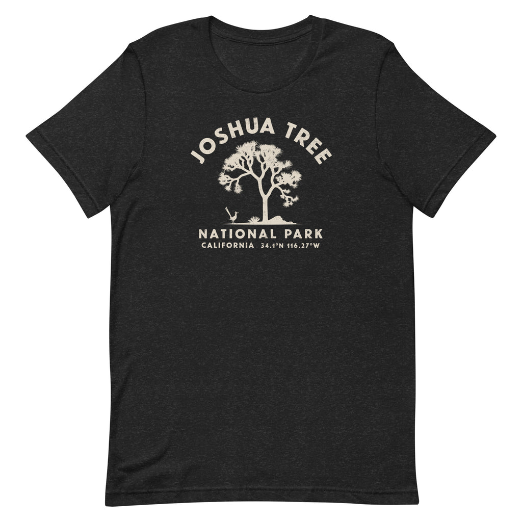 Joshua tree and a desert bird in classic national park styling, printed on a SodaPop Cool t-shirt.