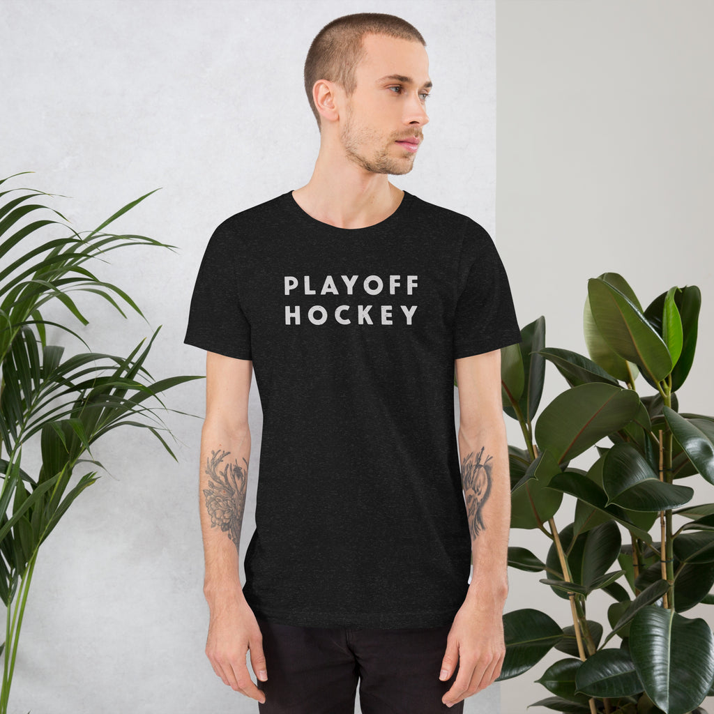 "Playoff Hockey" in simple retro athletic lettering, printed on a SodaPop Cool t-shirt.