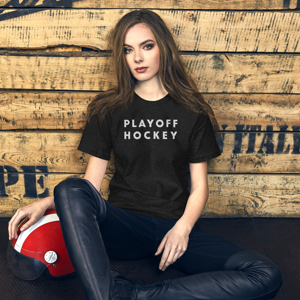 "Playoff Hockey" in simple retro athletic lettering, printed on a SodaPop Cool t-shirt.