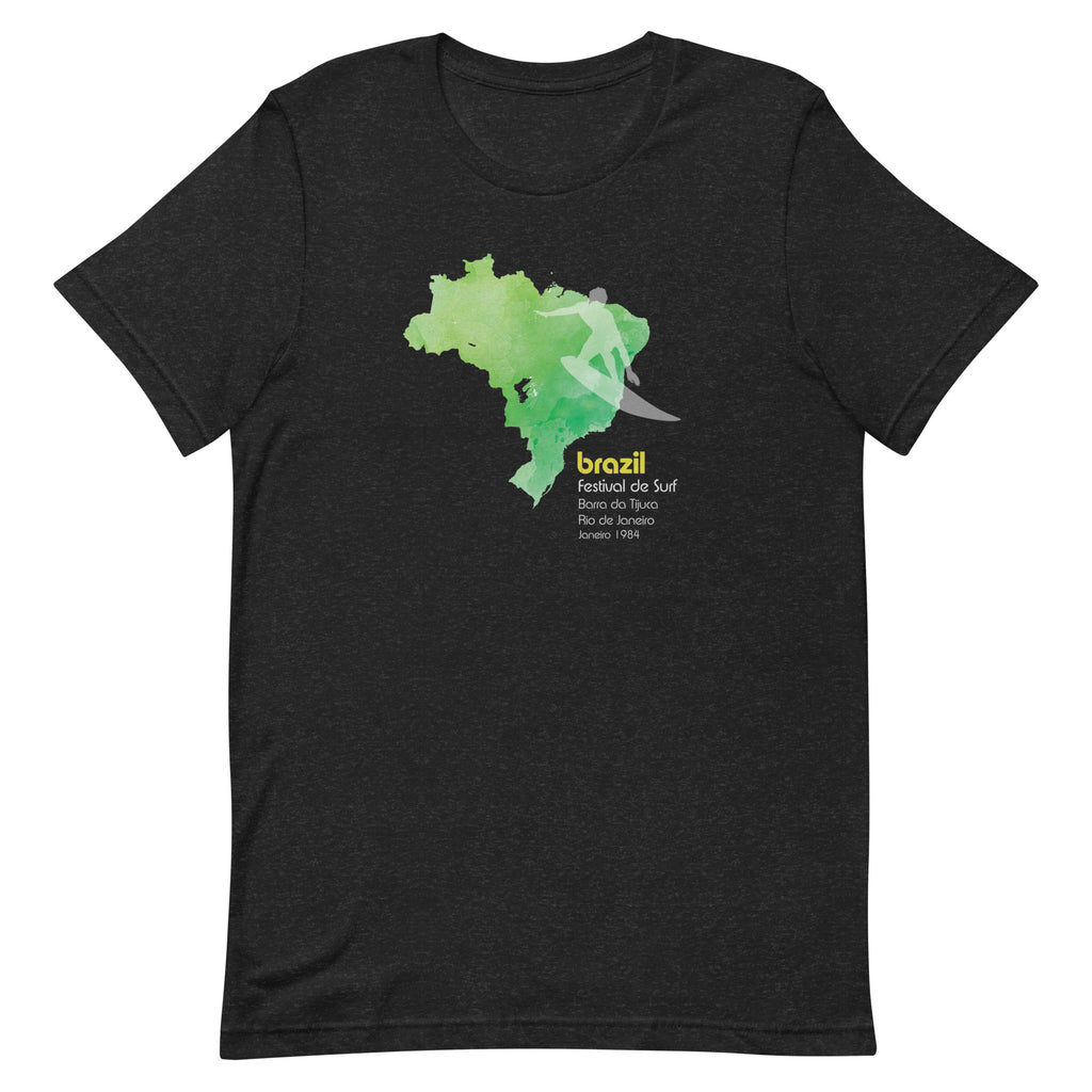 Brazil country outline with a surfer figure and "1984", vintage surf festival poster styling, printed on a SodaPop Cool t-shirt.