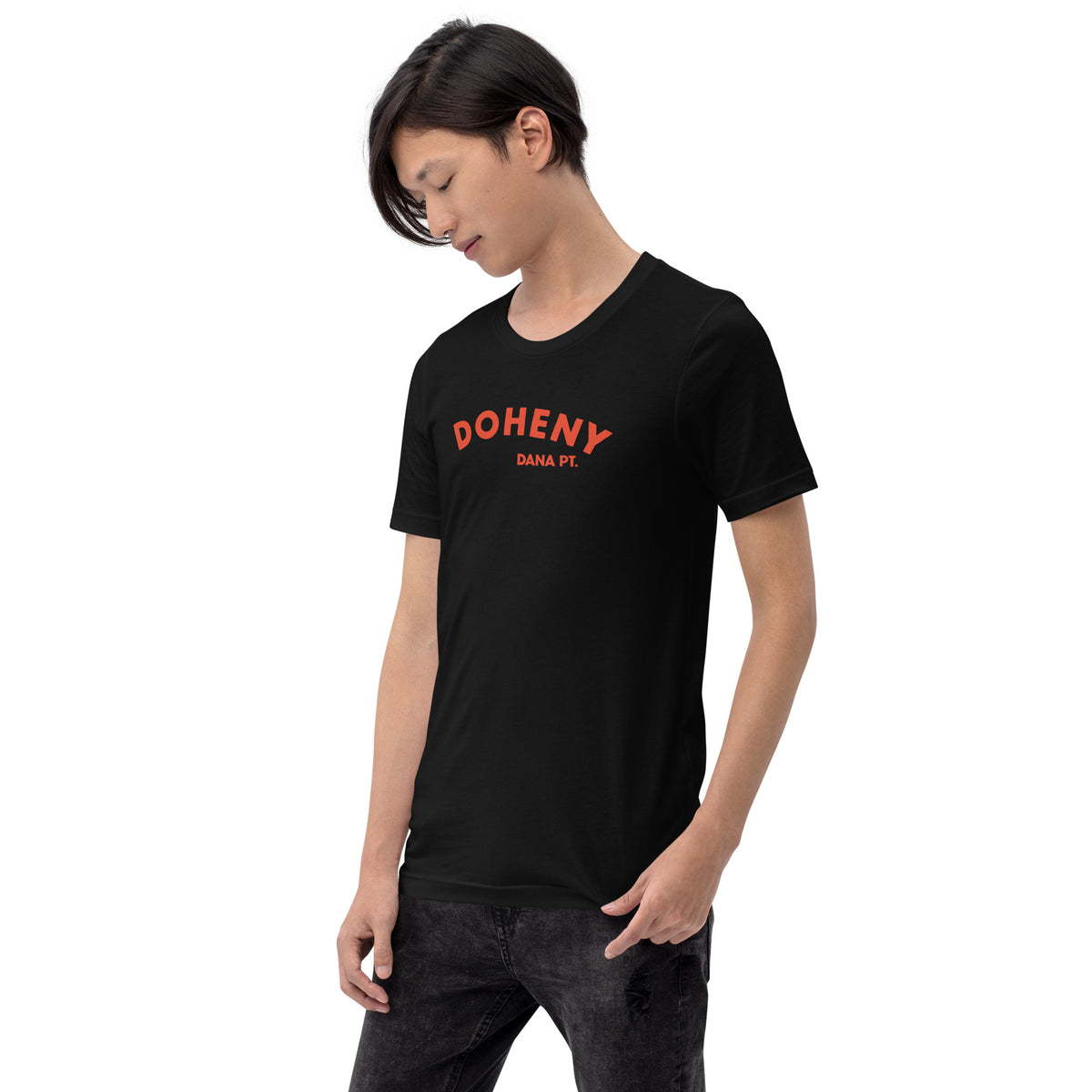 "Doheny Dana Point" in vintage California surf lettering, printed on a SodaPop Cool t-shirt.