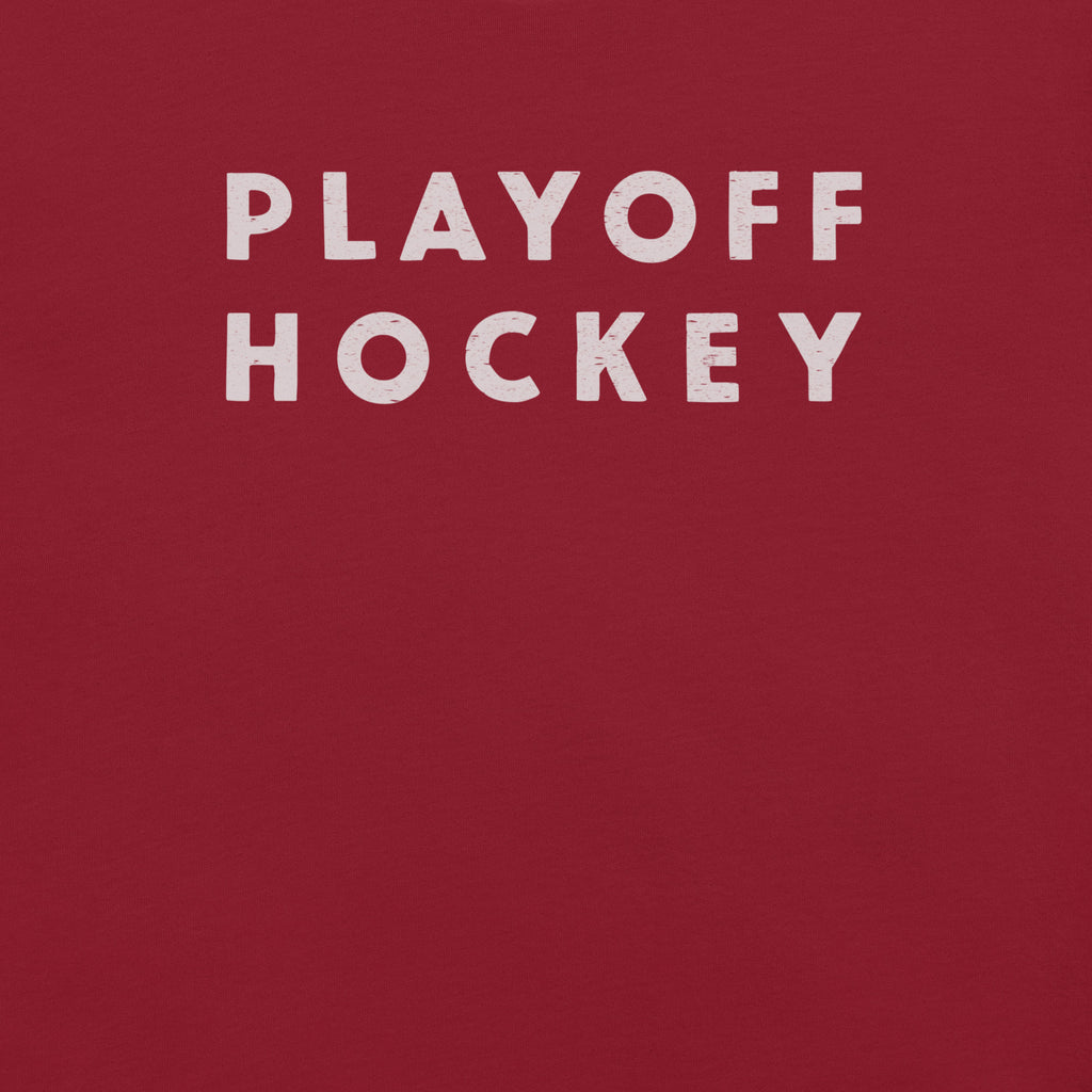 "Playoff Hockey" in simple retro athletic lettering, printed on a SodaPop Cool t-shirt.