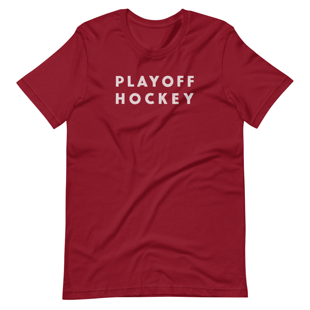 "Playoff Hockey" in simple retro athletic lettering, printed on a SodaPop Cool t-shirt.