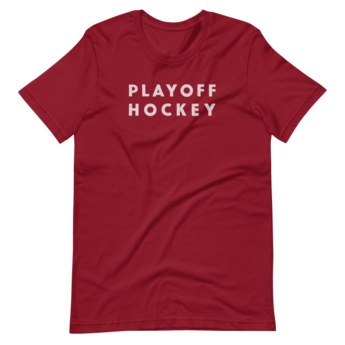 "Playoff Hockey" in simple retro athletic lettering, printed on a SodaPop Cool t-shirt.