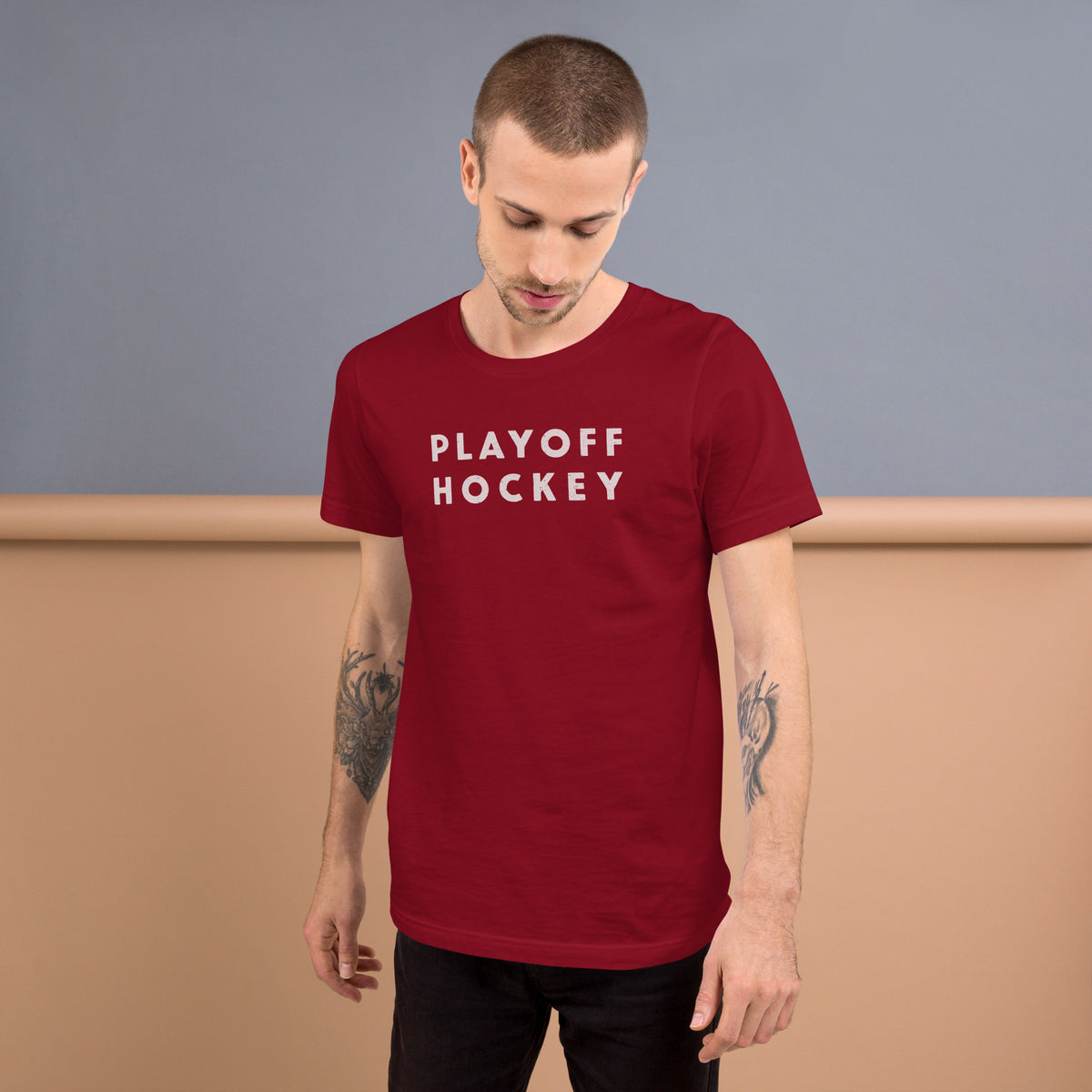 "Playoff Hockey" in simple retro athletic lettering, printed on a SodaPop Cool t-shirt.