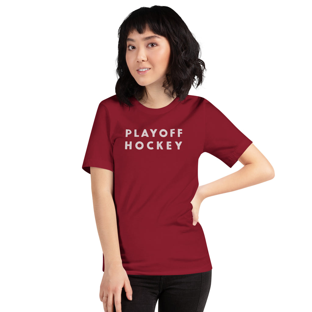 "Playoff Hockey" in simple retro athletic lettering, printed on a SodaPop Cool t-shirt.