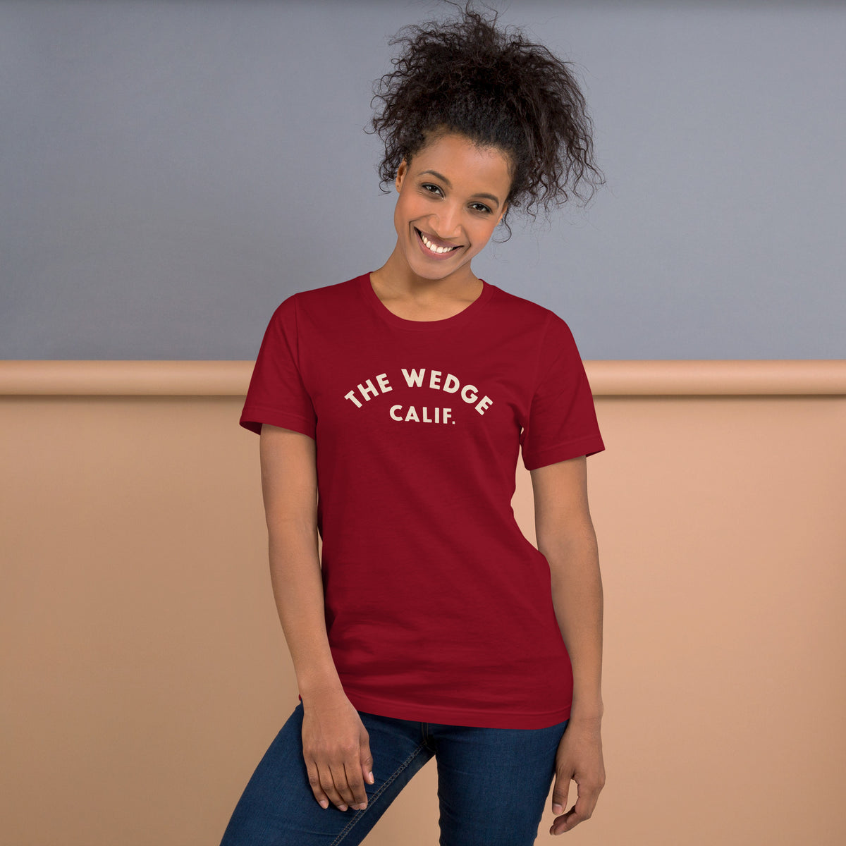 "The Wedge" in classic California surf lettering, printed on a SodaPop Cool t-shirt.