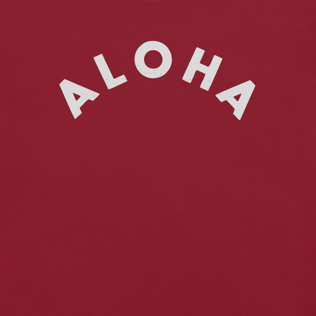 "Aloha" in clean vintage Hawaiian lettering, printed on a SodaPop Cool t-shirt.