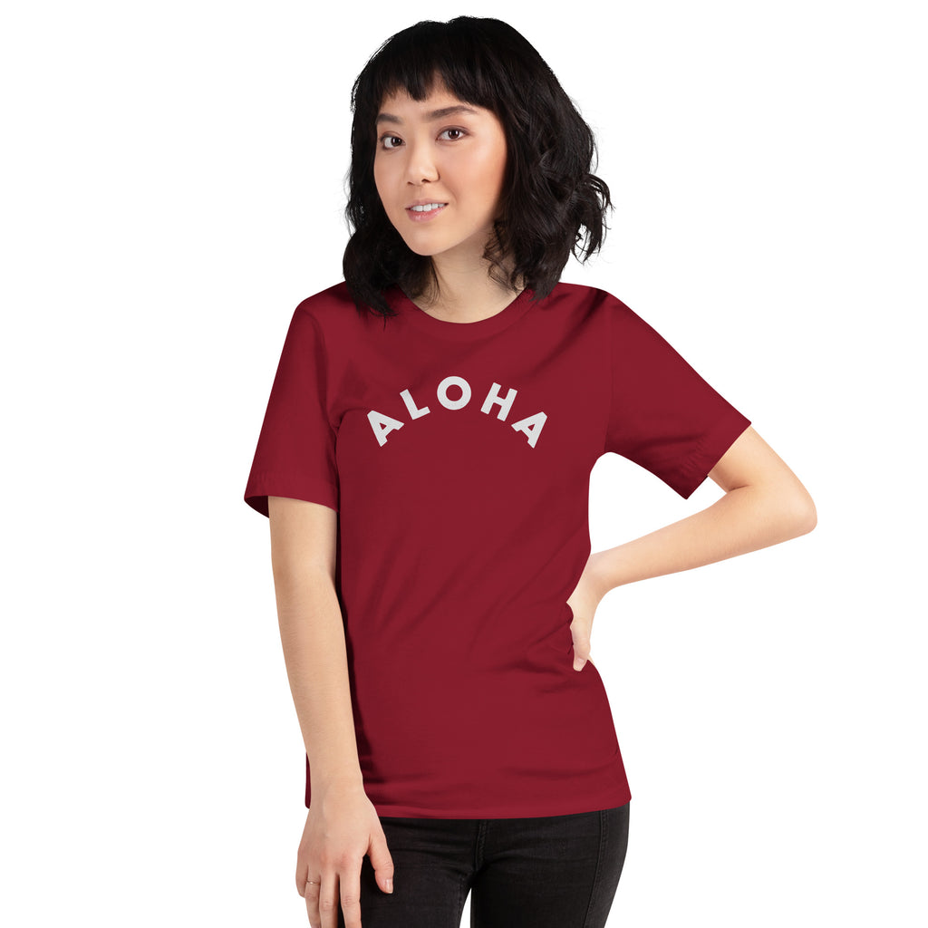 "Aloha" in clean vintage Hawaiian lettering, printed on a SodaPop Cool t-shirt.