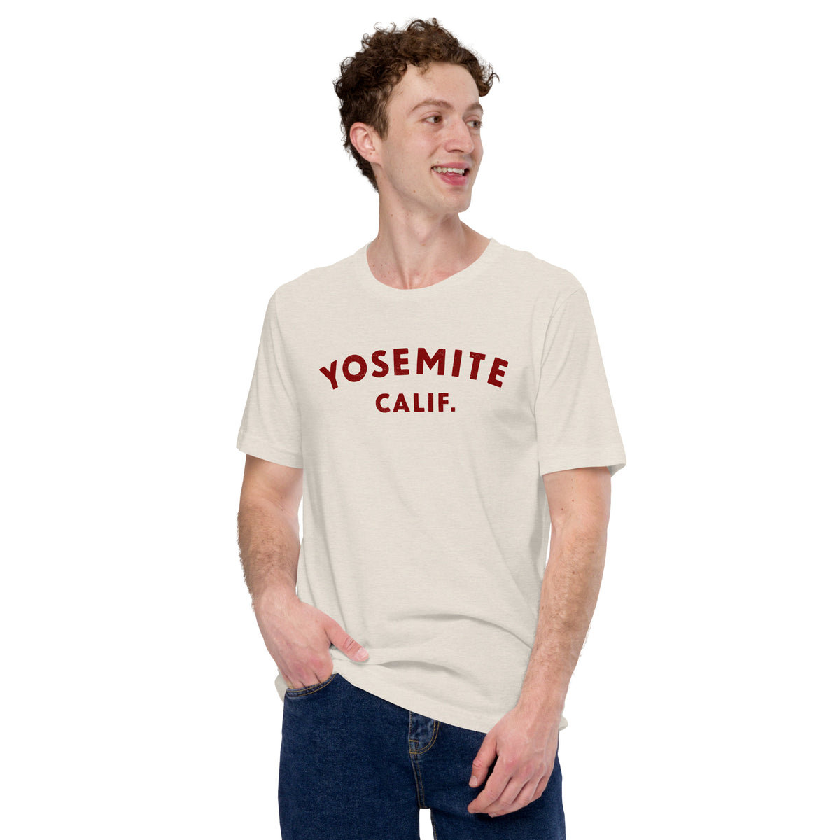"Yosemite National Park" in vintage park-service lettering, printed on a SodaPop Cool t-shirt.