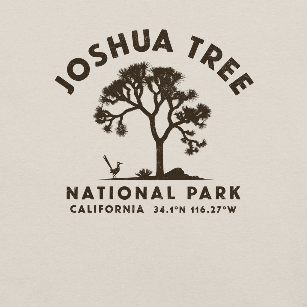 Joshua tree and a desert bird in classic national park styling, printed on a SodaPop Cool t-shirt.