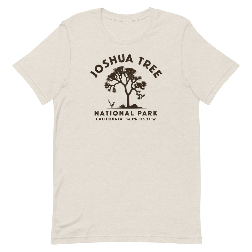 Joshua tree and a desert bird in classic national park styling, printed on a SodaPop Cool t-shirt.