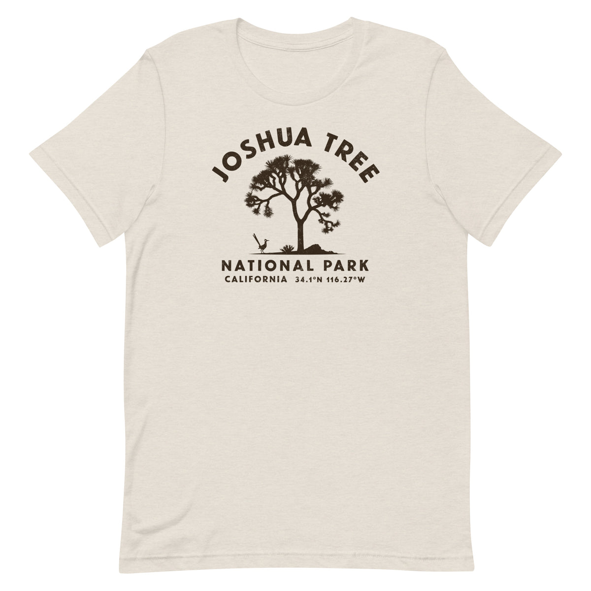 Joshua tree and a desert bird in classic national park styling, printed on a SodaPop Cool t-shirt.