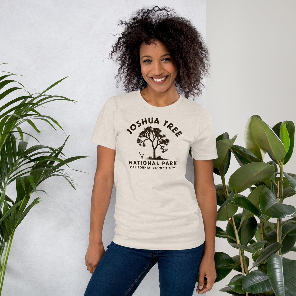 Joshua tree and a desert bird in classic national park styling, printed on a SodaPop Cool t-shirt.