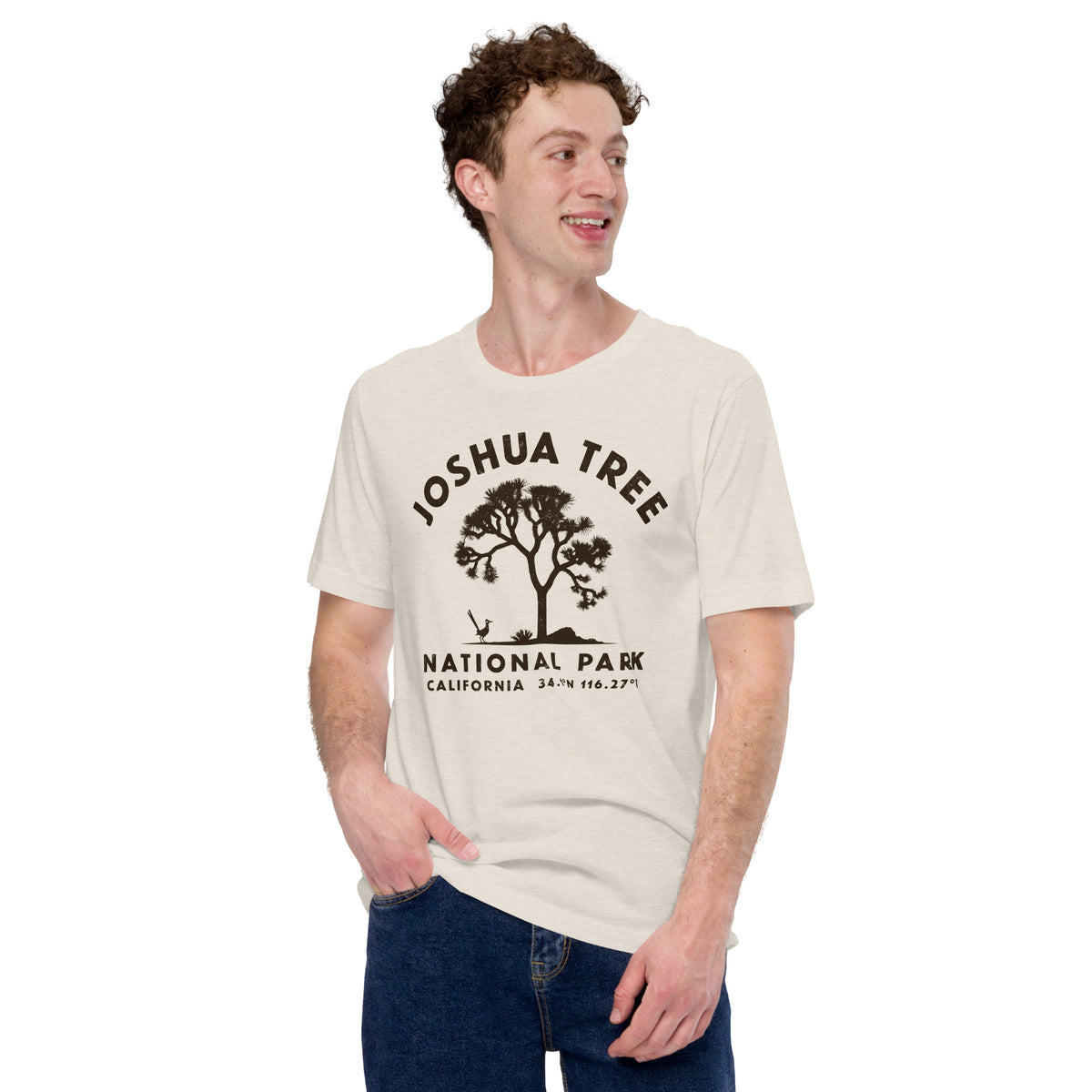 Joshua tree and a desert bird in classic national park styling, printed on a SodaPop Cool t-shirt.