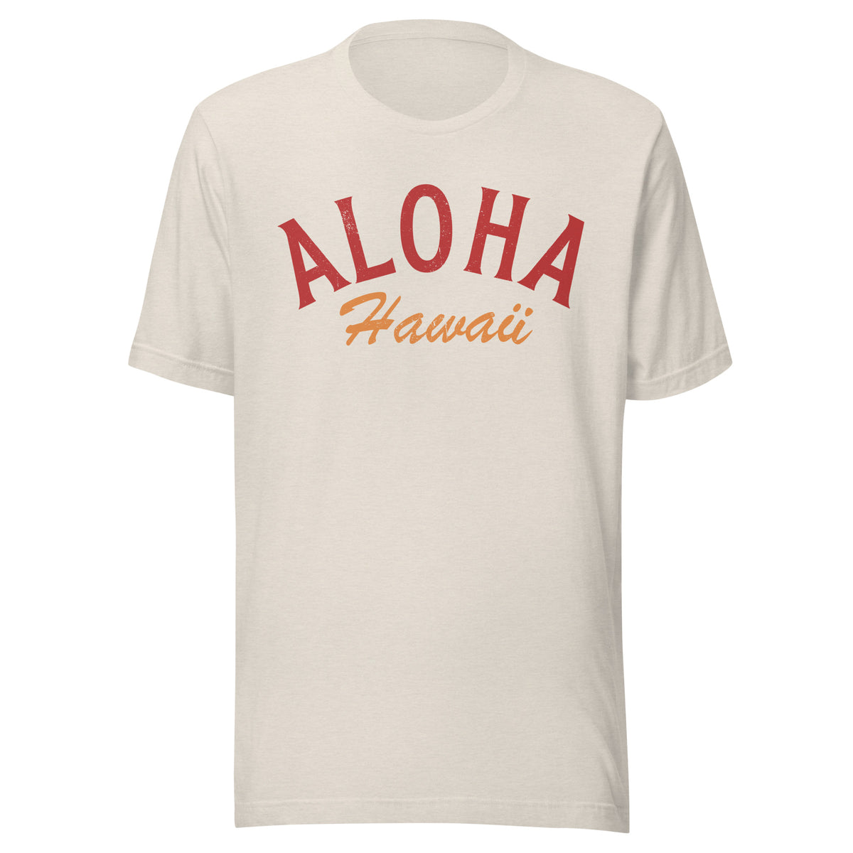 "Aloha Hawaii" in classic vintage island lettering, printed on a SodaPop Cool t-shirt.