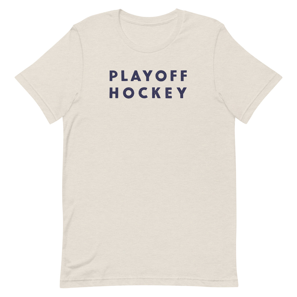 "Playoff Hockey" in simple retro athletic lettering, printed on a SodaPop Cool t-shirt.