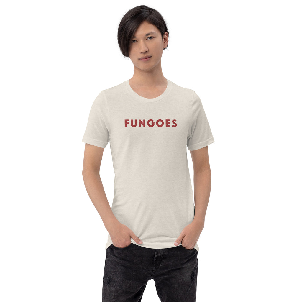 "Fungoes" in simple vintage baseball lettering, printed on a SodaPop Cool t-shirt.