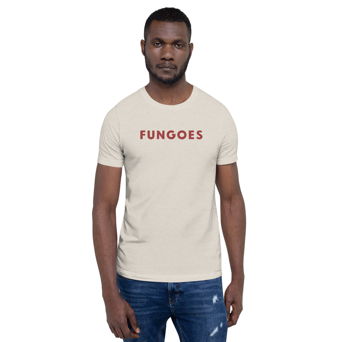 "Fungoes" in simple vintage baseball lettering, printed on a SodaPop Cool t-shirt.