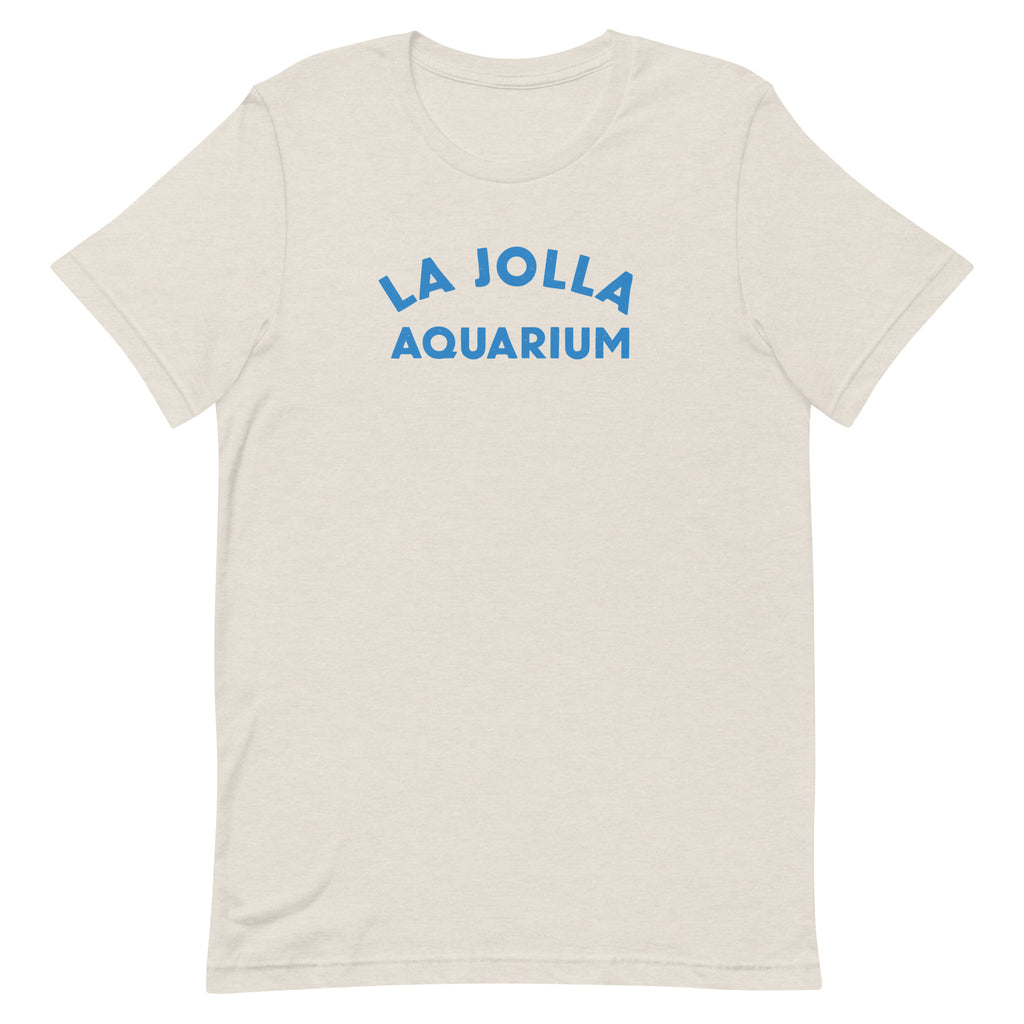 "La Jolla Aquarium" in classic vintage type, printed on a SodaPop Cool t-shirt.