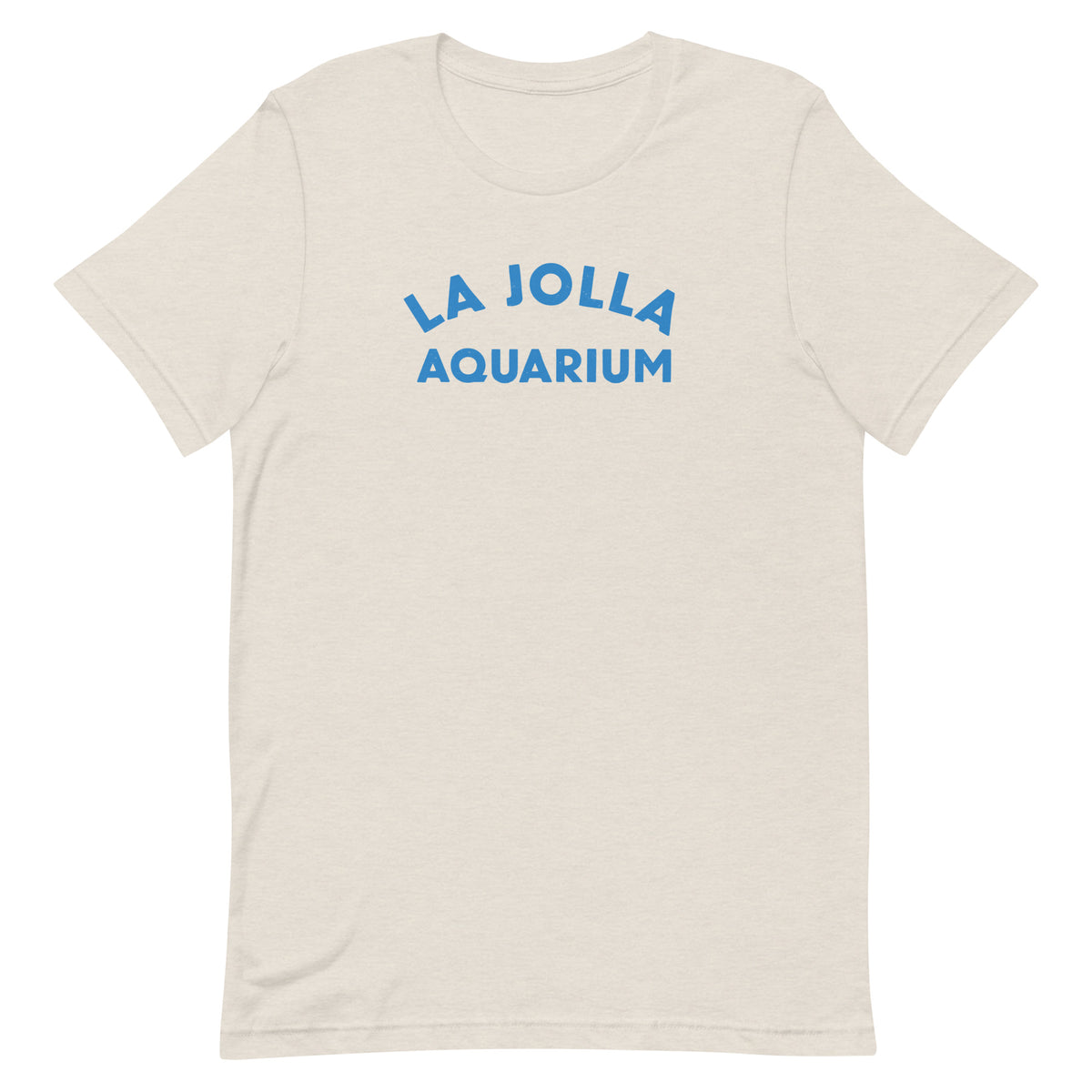 "La Jolla Aquarium" in classic vintage type, printed on a SodaPop Cool t-shirt.