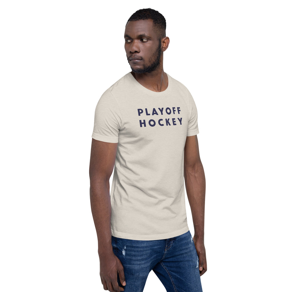 "Playoff Hockey" in simple retro athletic lettering, printed on a SodaPop Cool t-shirt.