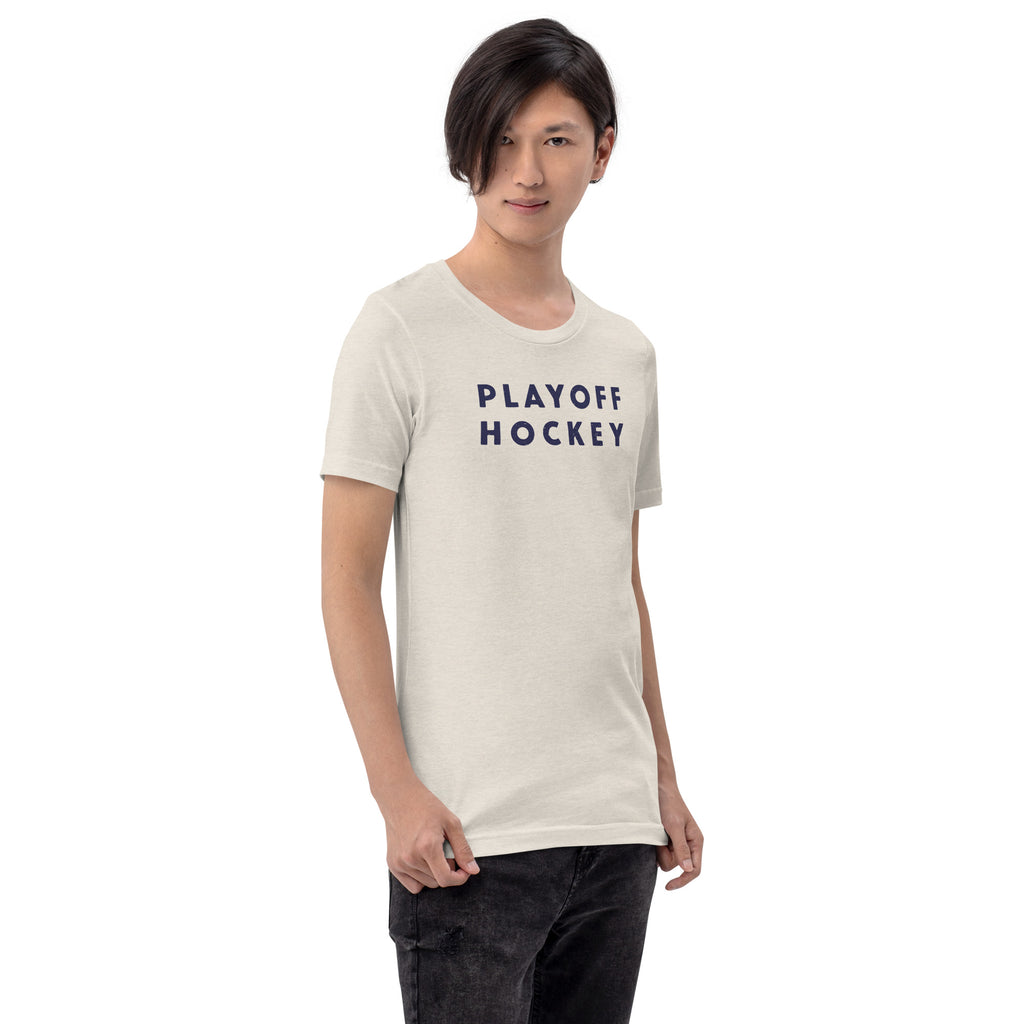 "Playoff Hockey" in simple retro athletic lettering, printed on a SodaPop Cool t-shirt.