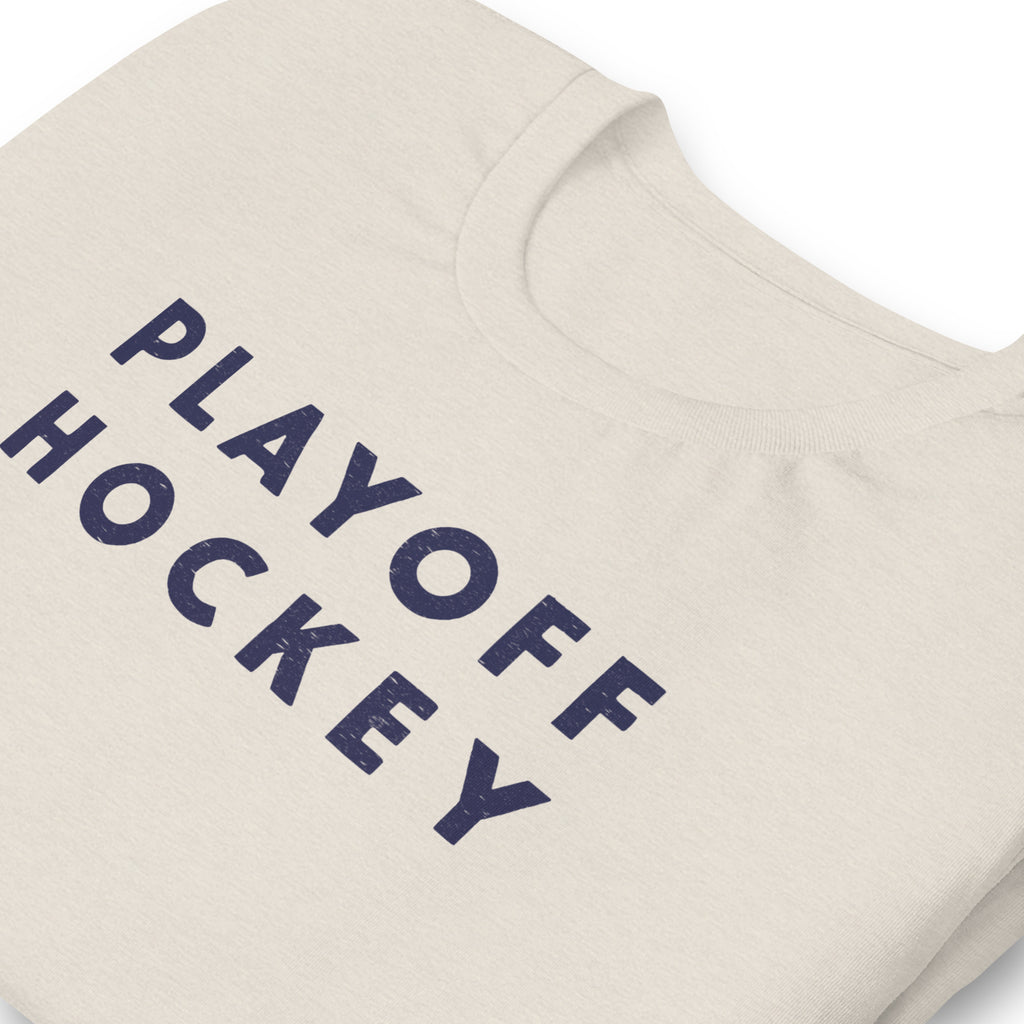 "Playoff Hockey" in simple retro athletic lettering, printed on a SodaPop Cool t-shirt.