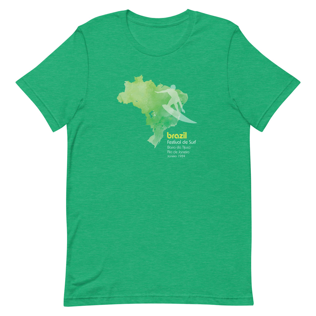 Brazil country outline with a surfer figure and "1984", vintage surf festival poster styling, printed on a SodaPop Cool t-shirt.