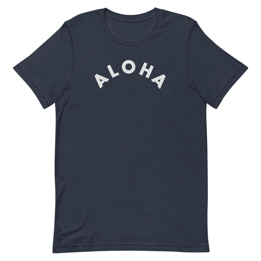 "Aloha" in clean vintage Hawaiian lettering, printed on a SodaPop Cool t-shirt.