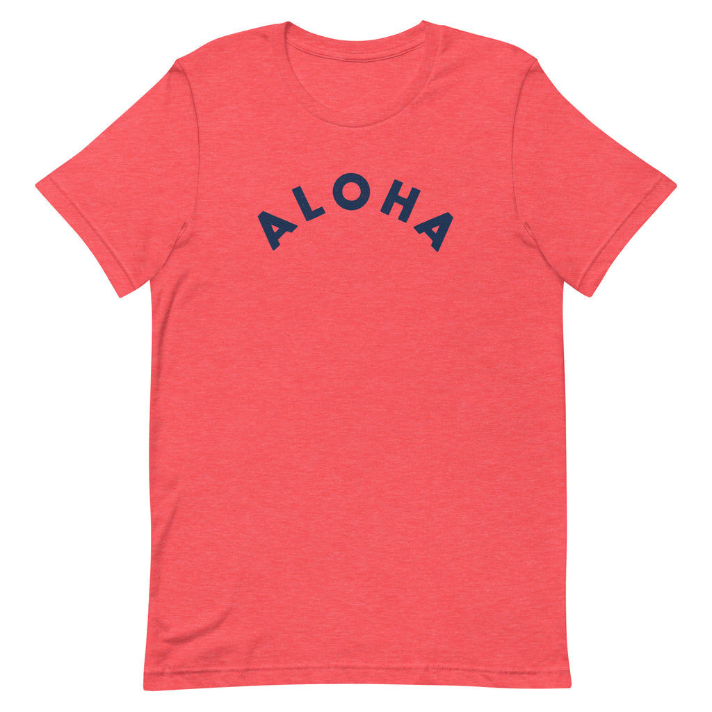 "Aloha" in clean vintage Hawaiian lettering, printed on a SodaPop Cool t-shirt.