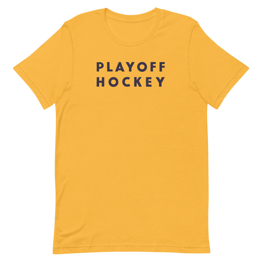 "Playoff Hockey" in simple retro athletic lettering, printed on a SodaPop Cool t-shirt.
