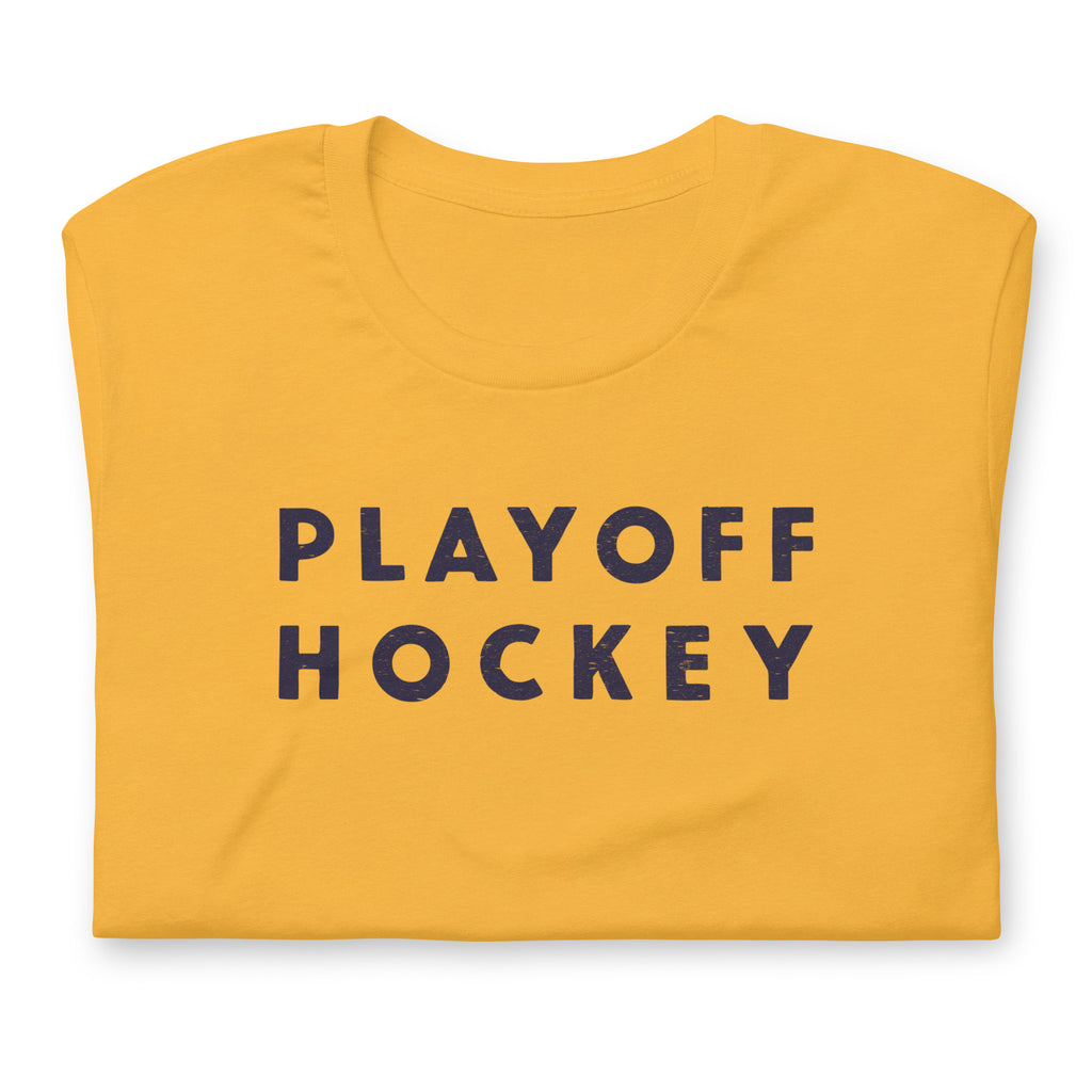 "Playoff Hockey" in simple retro athletic lettering, printed on a SodaPop Cool t-shirt.