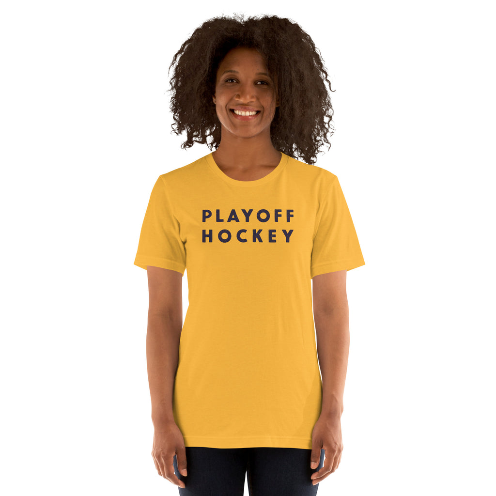 "Playoff Hockey" in simple retro athletic lettering, printed on a SodaPop Cool t-shirt.