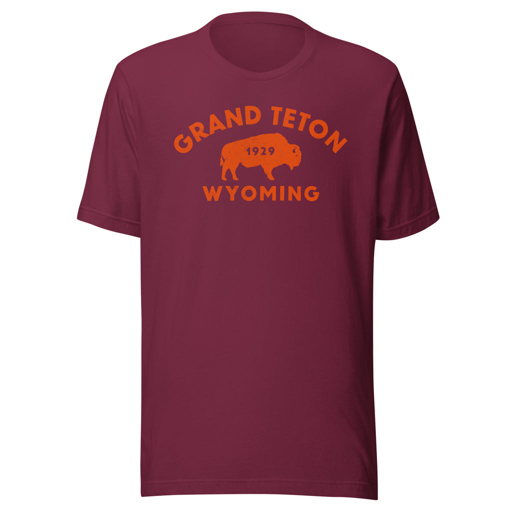 Bison in front of Grand Teton rock formations, vintage national park poster styling, printed on a SodaPop Cool t-shirt.