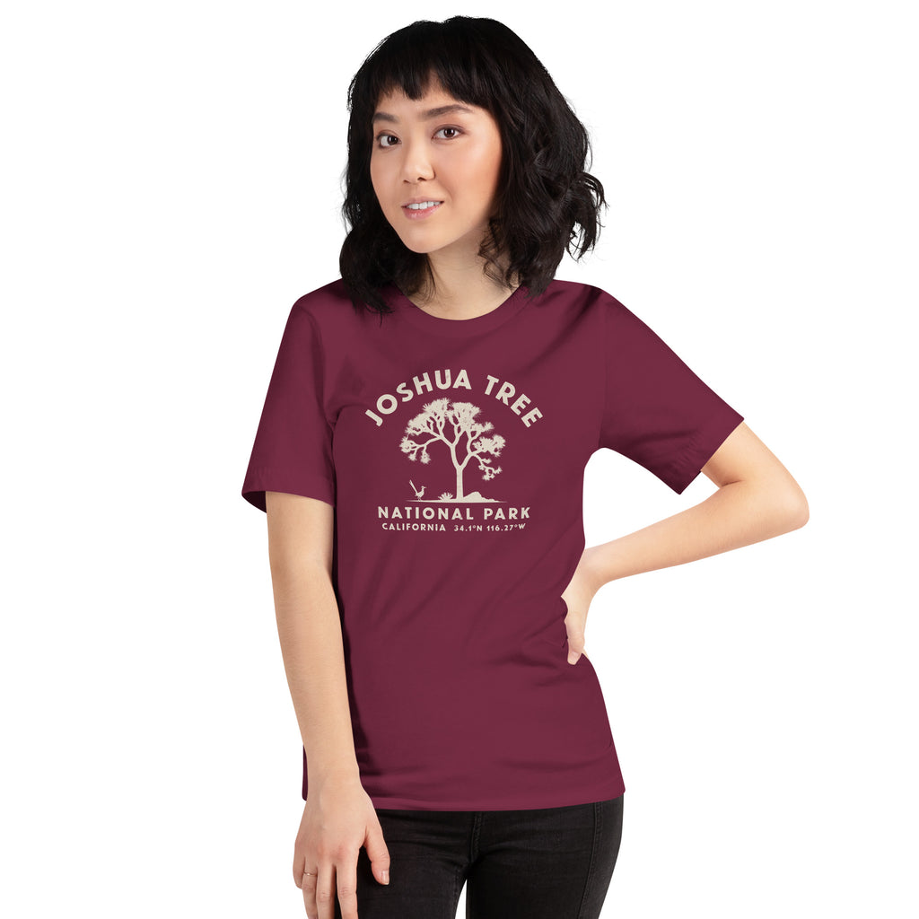 Joshua tree and a desert bird in classic national park styling, printed on a SodaPop Cool t-shirt.
