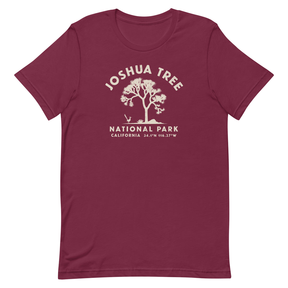 Joshua tree and a desert bird in classic national park styling, printed on a SodaPop Cool t-shirt.